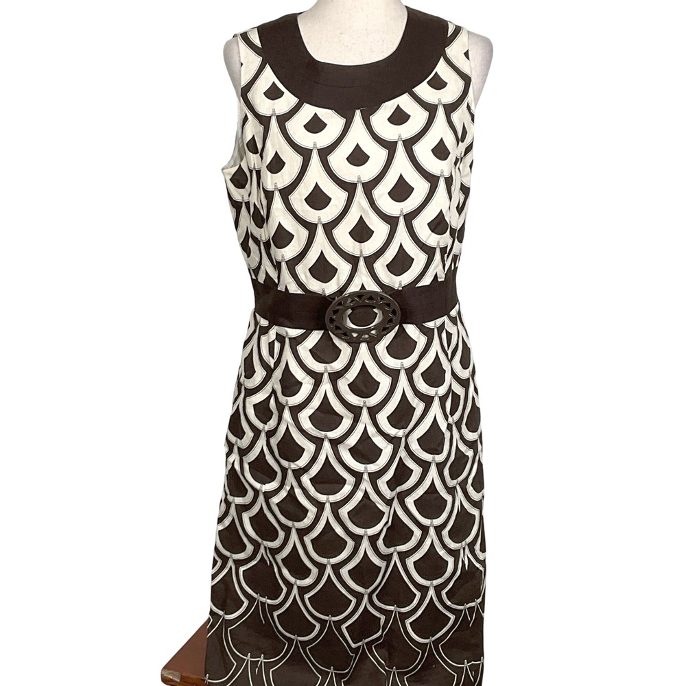 Talbots Dress Women‎ 10 Brown White Linen Belt Sheath Summer Lightweight Classic